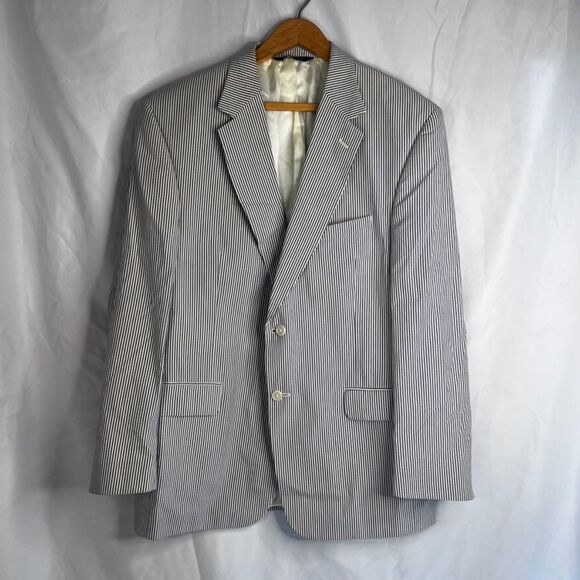 Jos A Bank Seersucker Striped 100% Cotton Blazer Preppy Single Breasted Size 43R - Picture 12 of 12